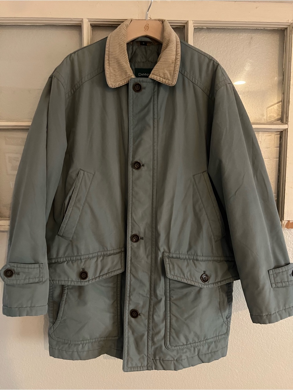 Vintage Dannimac Sage Green Field Jacket Parka with Cream Corduroy Collar